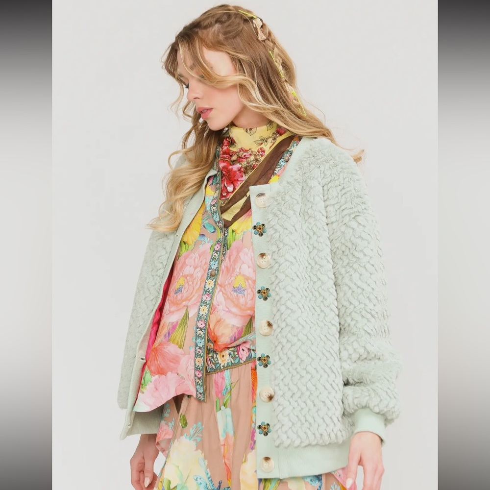 ARATTA Nellie Boho Luxe Mint Fur Jacket Satin Lined Crystal Buttons Boutique - Picture 9 of 16